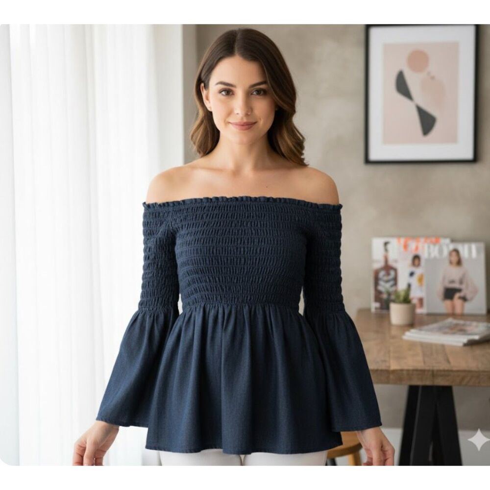 Taxi Blue Denim Jean Top Off Shoulder Smocked Flouncy Blouse NWT Size M